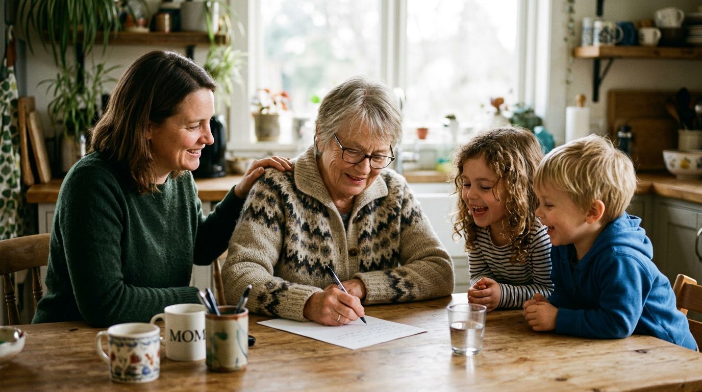 A mother, grandmother and two children laughing at a wooden table while Grandma writes on a sheet